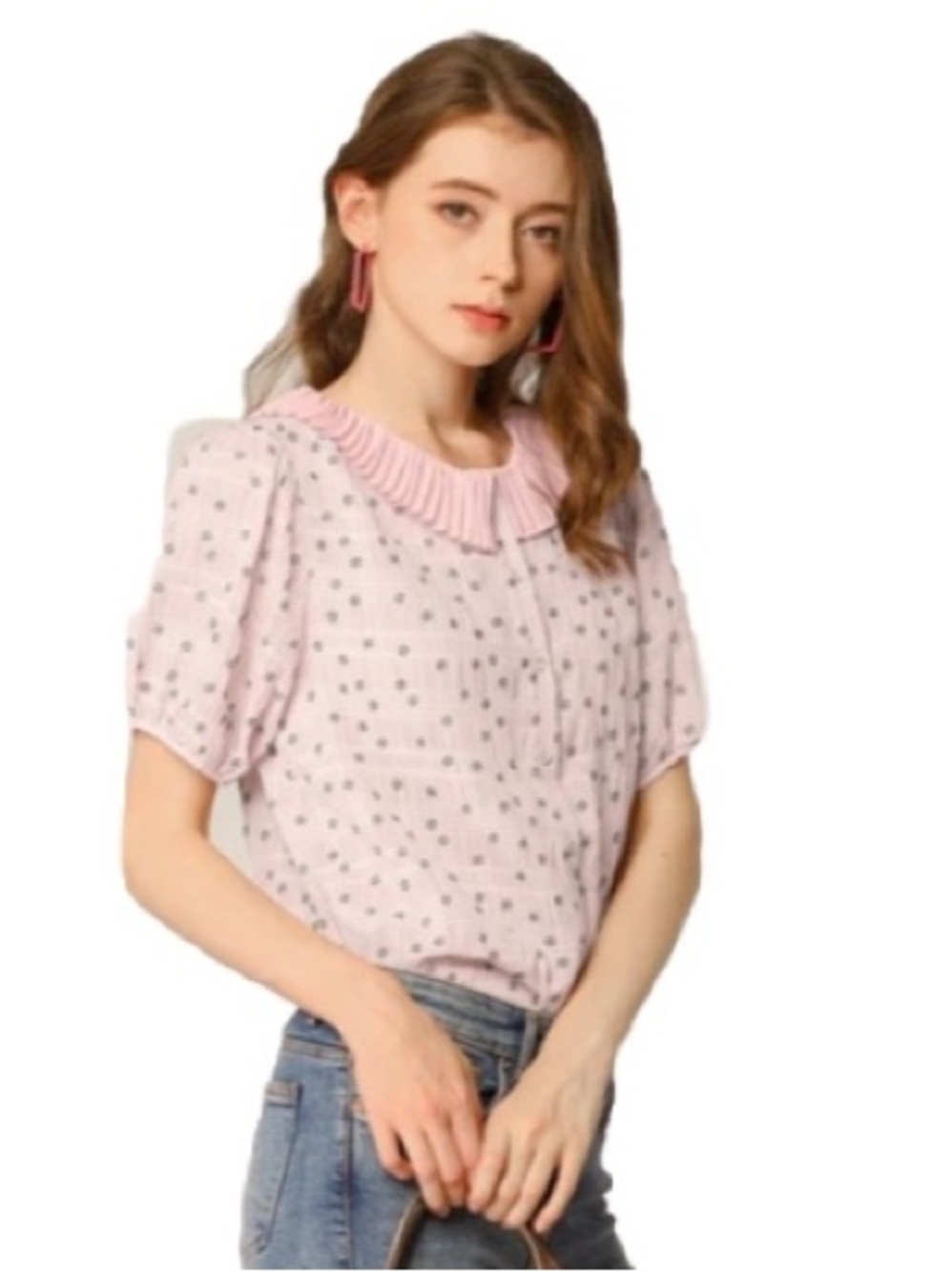Allegra K Women's Floral Puff Sleeves Pleated Collar Pink Blouse Shirt Top Small